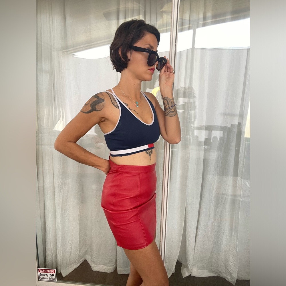 VavaVOOM lipstick red leather lk BUTTA European mini pencil skirt